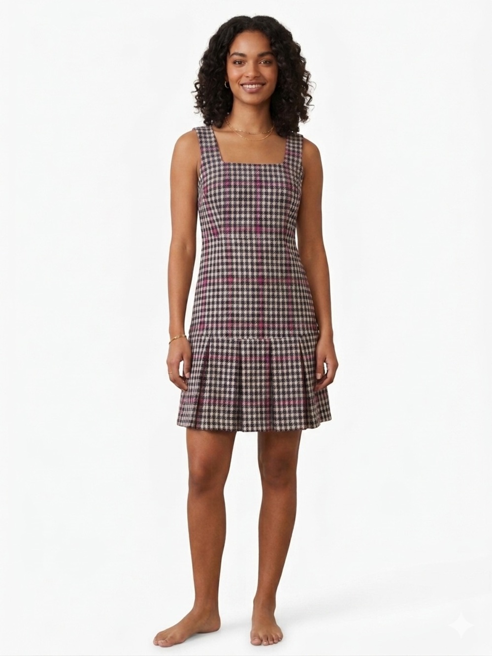 J. Crew Pink and Black Houndstooth Square-Neck Mini Dress